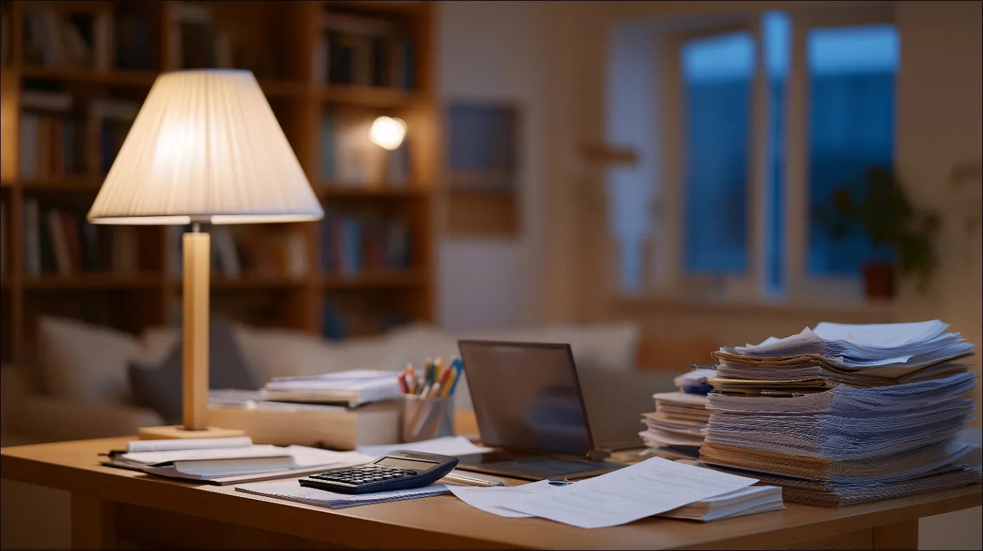 A desk lit by a single lamp at night, with a laptop and stacks of documents