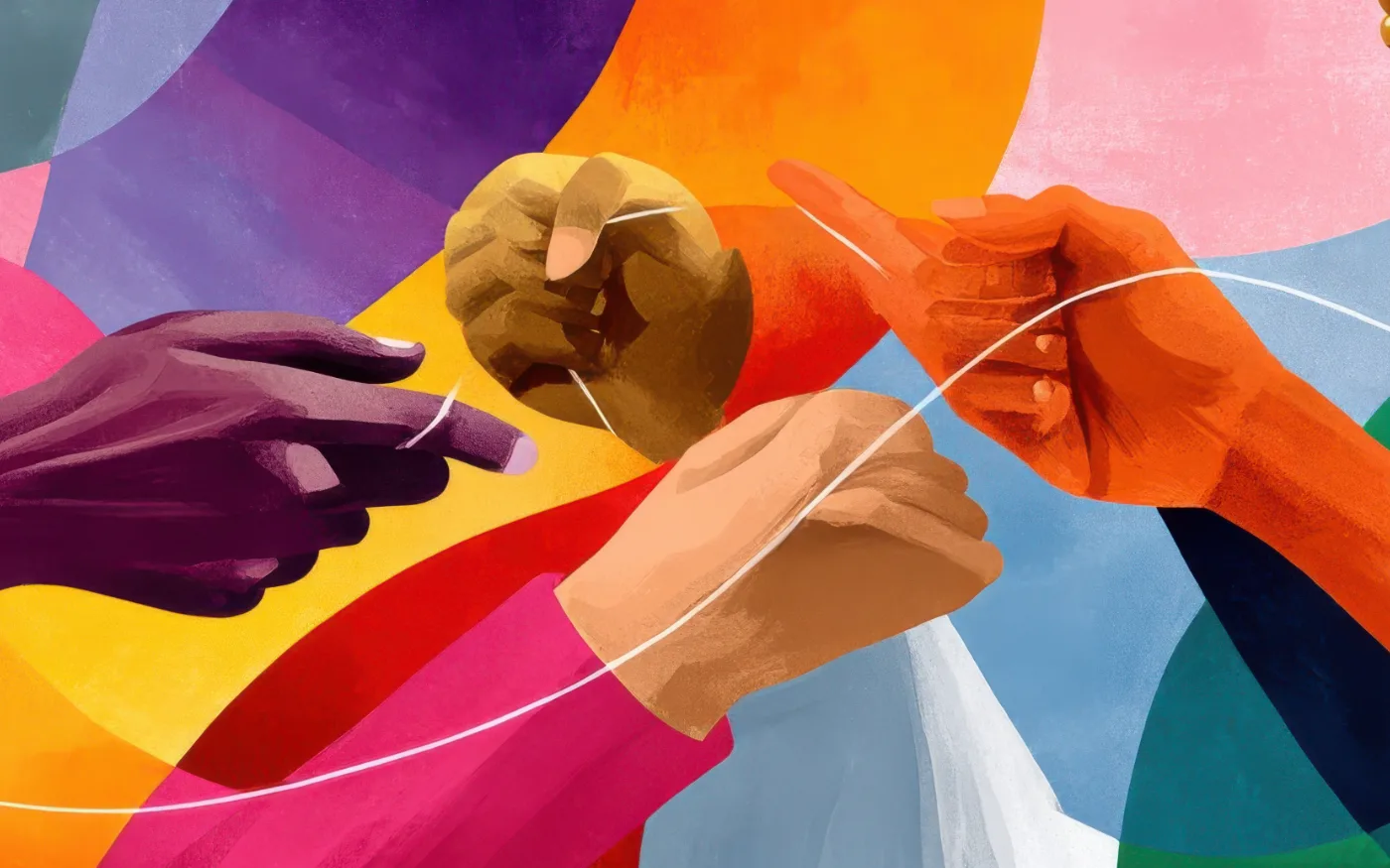 Illustration of four hands of different skin tones reaching towards one another, linked by a single continuous line